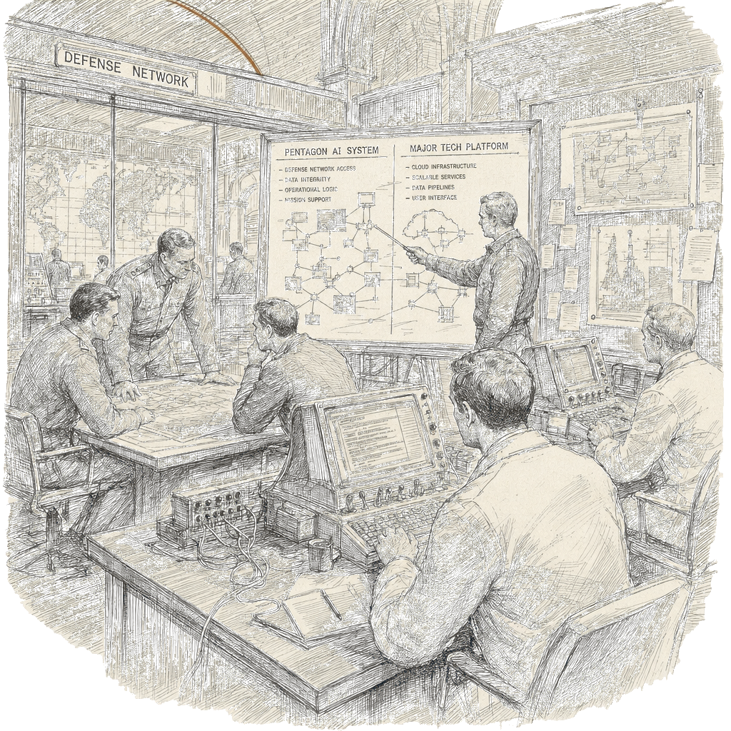 Illustration accompanying article: Pentagon to deploy Musk's Grok AI inside defense networks alongside Google
