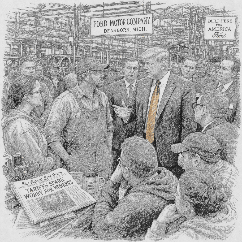 Illustration accompanying article: Trump visits Dearborn Ford plant, defends tariffs as voters worry about