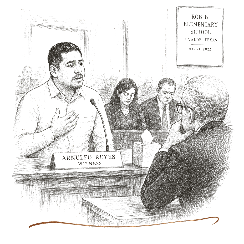 Illustration accompanying article: Uvalde teacher testifies he saw 'black shadow with a gun' in 2022 school