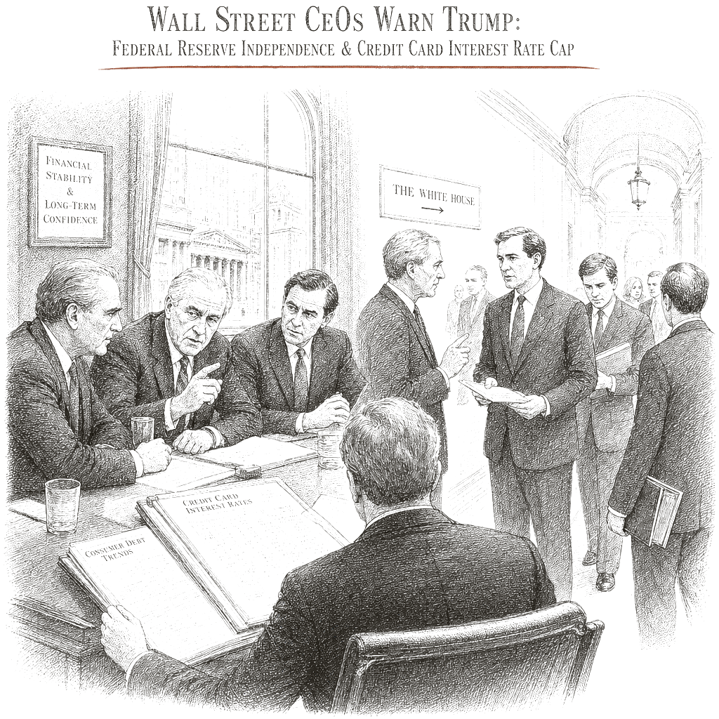 Illustration accompanying article: Wall Street CEOs warn Trump on Fed independence and credit card cap
