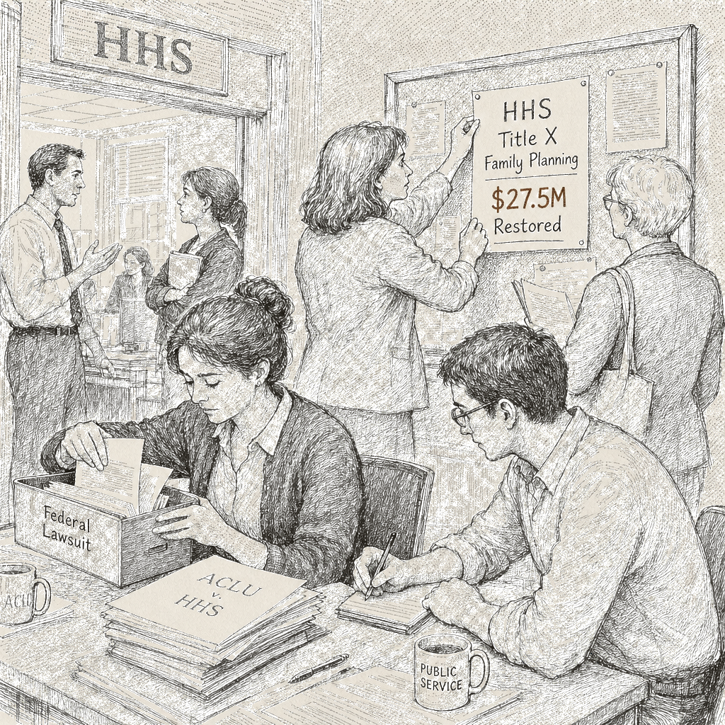 Illustration accompanying article: ACLU drops suit after HHS restores $27.5M in Title X family planning funds