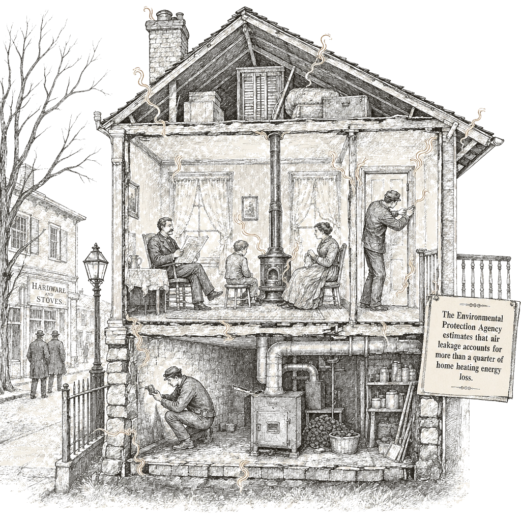 Illustration accompanying article: Air leaks drain more than a quarter of home heating energy, experts say