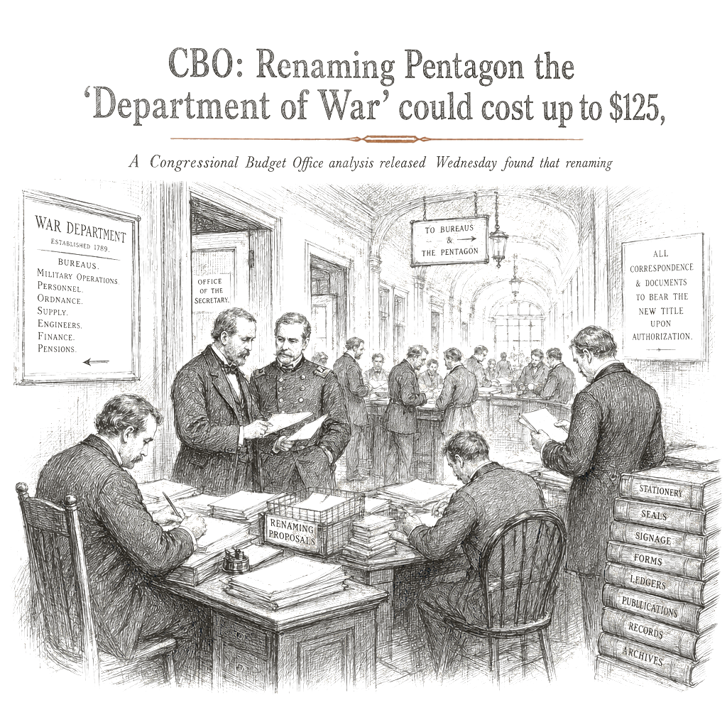 Illustration accompanying article: 'CBO: Renaming Pentagon the ''Department of War'' could cost up to $125