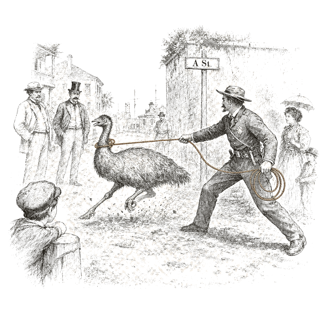 Illustration accompanying article: Florida deputy wrangles runaway emu with makeshift lasso near St. Augustine