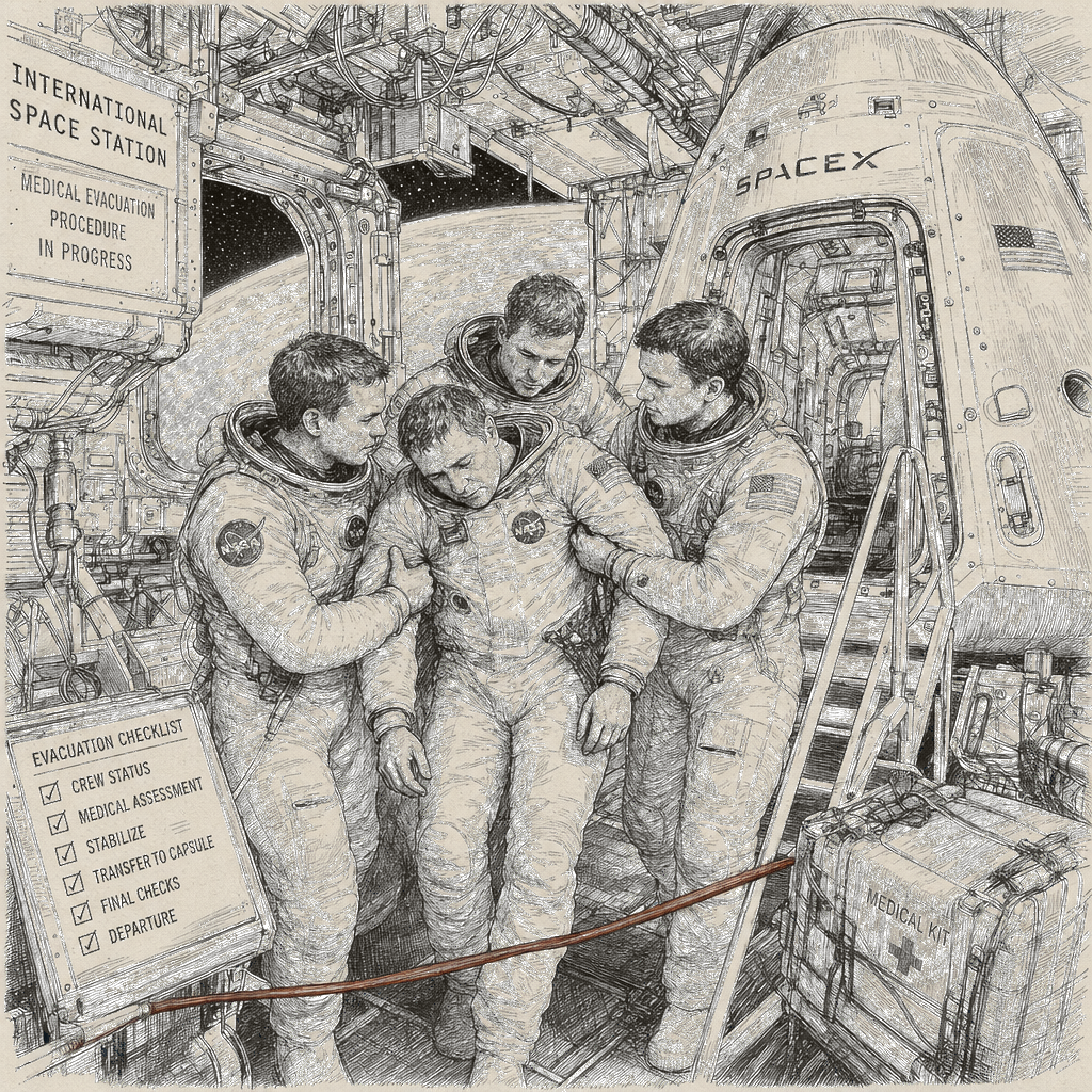 Illustration accompanying article: Four astronauts depart ISS early in NASA's first medical evacuation