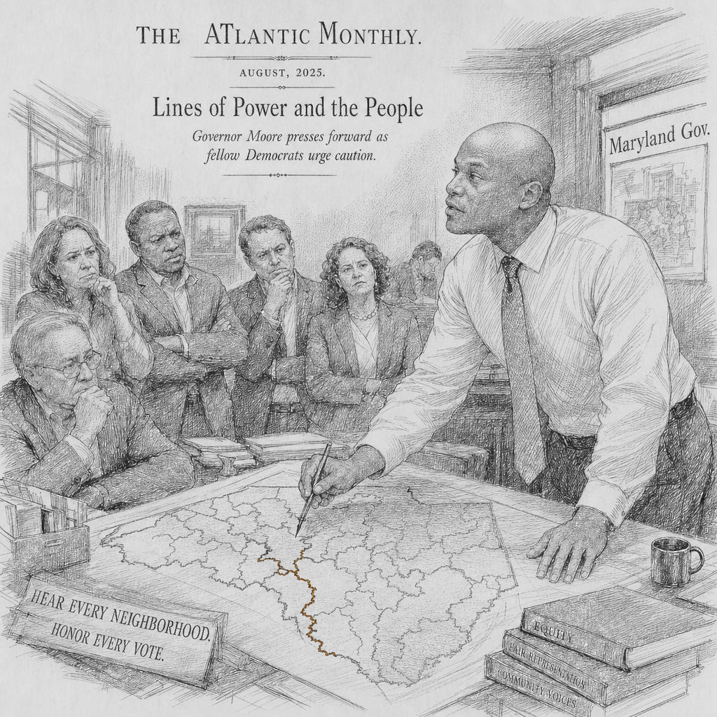 Illustration accompanying article: Maryland Gov. Moore pushes redistricting despite fellow Democrats' warnings