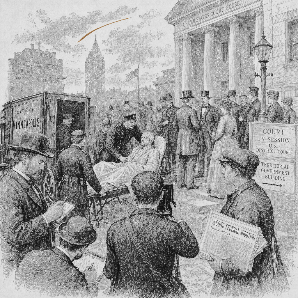 Illustration accompanying article: Minneapolis sees second federal shooting as courts, governor push back on