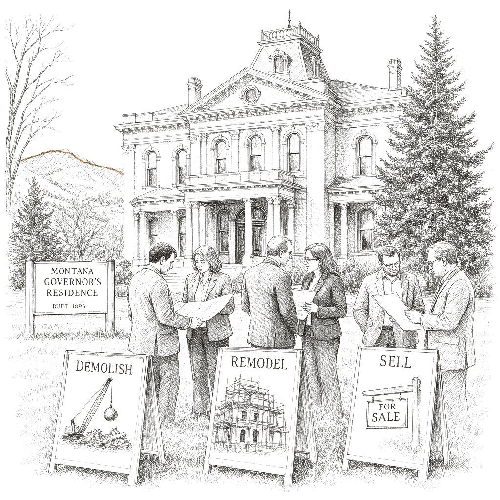 Illustration accompanying article: Montana weighs demolishing, remodeling, or selling its vacant governor's