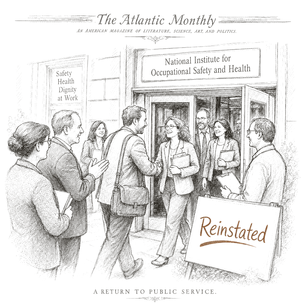 Illustration accompanying article: NIOSH workers reinstated after mass layoffs gutted federal workplace safety