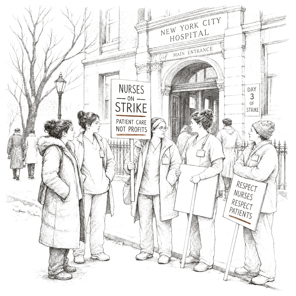 Illustration accompanying article: NYC nurses strike for third day as hospital talks remain stalled