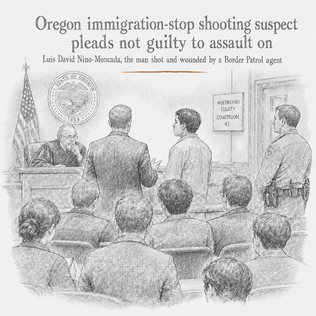 Illustration accompanying article: Oregon immigration-stop shooting suspect pleads not guilty to assault on