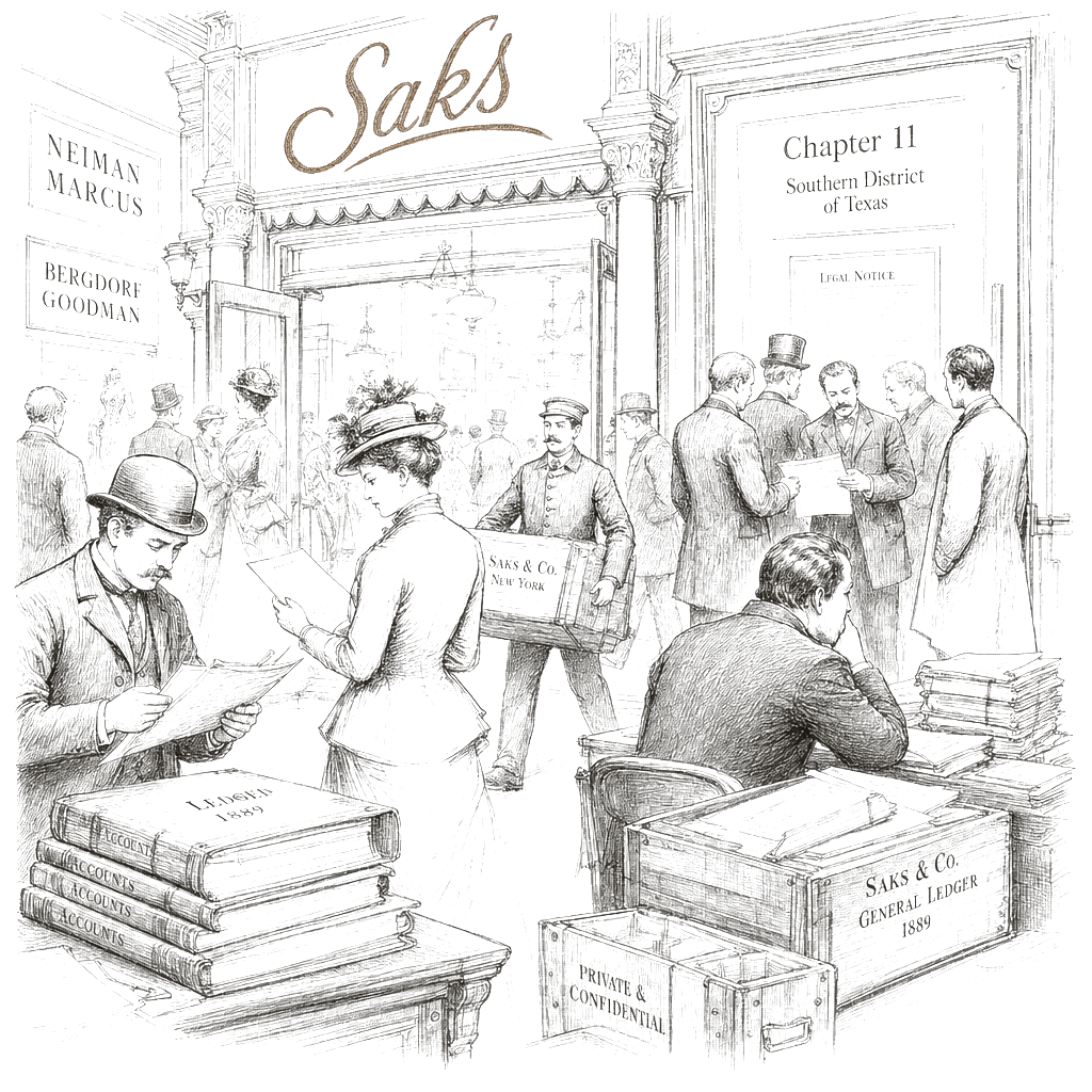 Illustration accompanying article: Saks Global seeks bankruptcy protection after debt-heavy Neiman Marcus acquisition