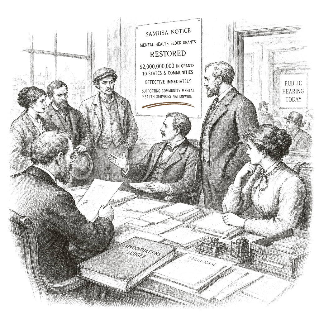 Illustration accompanying article: SAMHSA reverses $2 billion in mental health grants after abrupt cuts triggered