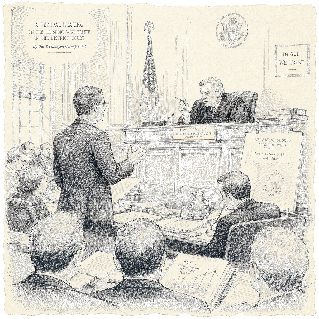Illustration accompanying article: Trump-appointed judge sharply questions offshore wind freeze, cites government