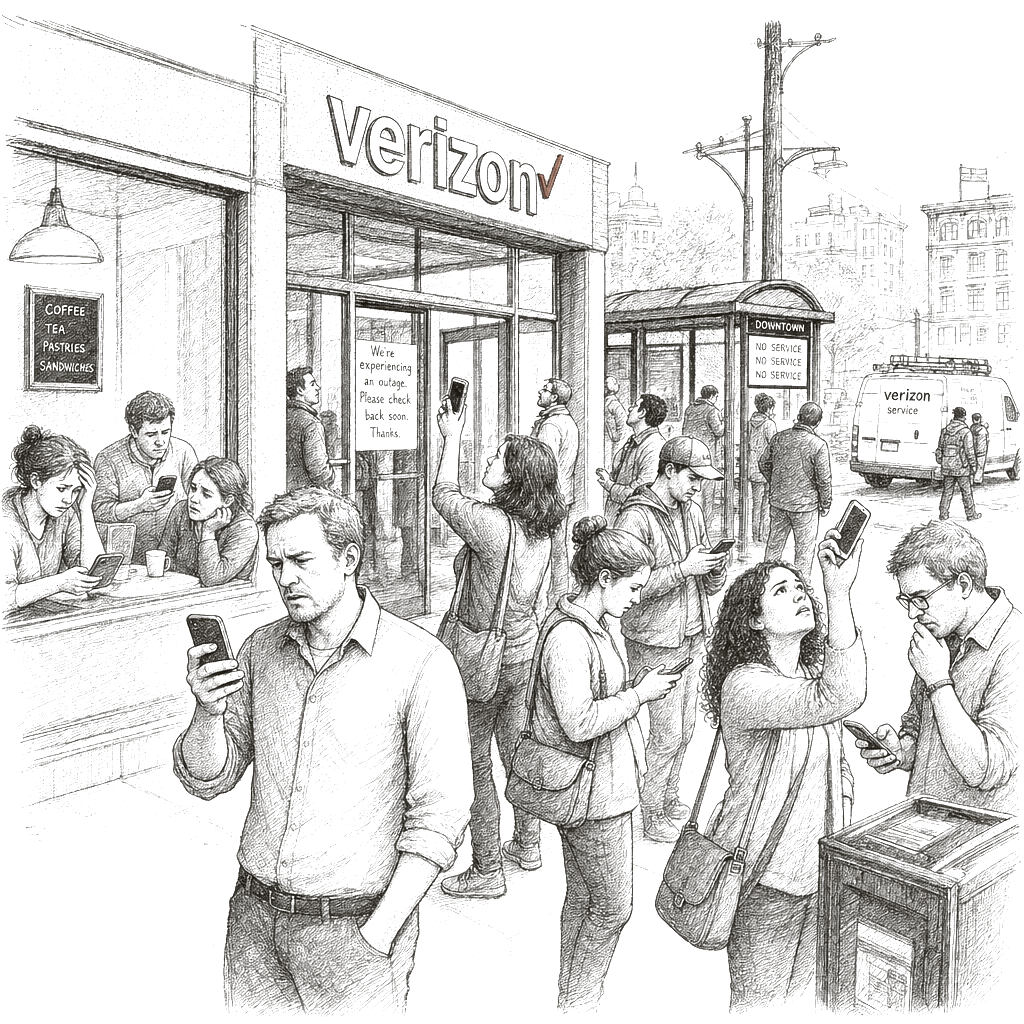 Illustration accompanying article: Verizon outage disrupts calls and data for millions, resolved after 10 hours