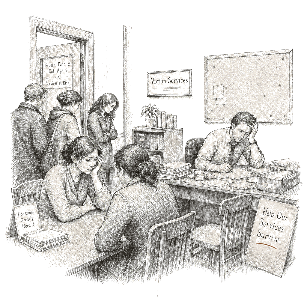 Illustration accompanying article: Washington crime victim services near collapse as federal funding falls