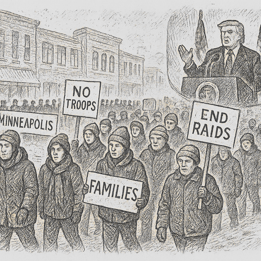 Illustration accompanying article: Trump threatens Insurrection Act as Minneapolis immigration protests continue