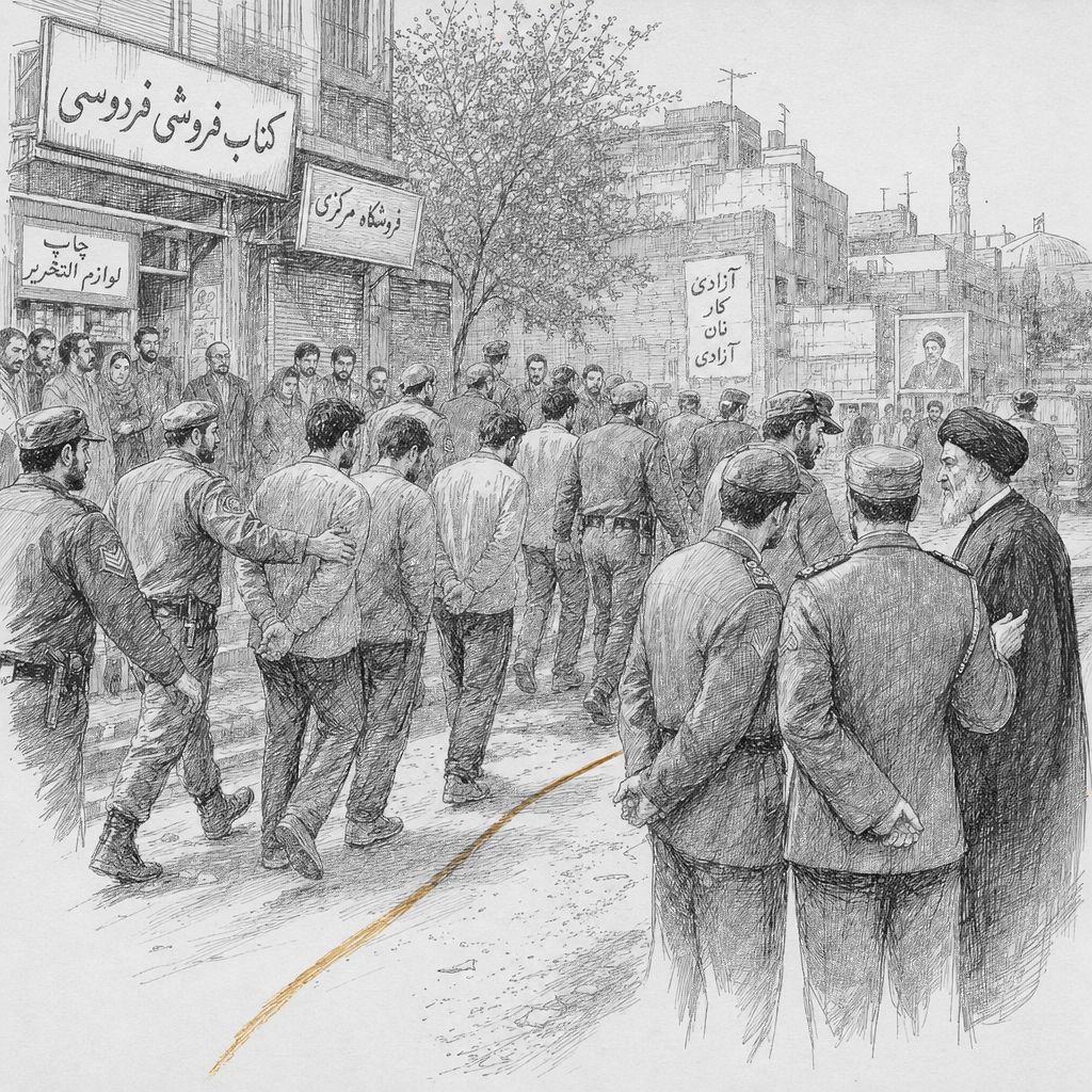 Illustration accompanying article: Hard-line cleric demands executions as Iran protests ebb and Trump thanks Tehran