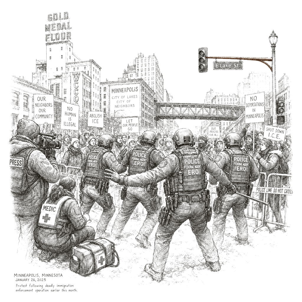 Illustration accompanying article: Immigration agents policing protests in Minneapolis spark safety and training concerns