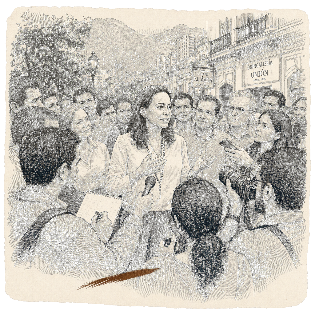 Illustration accompanying article: Machado expresses confidence in Venezuelan democracy transition but offers no timetable