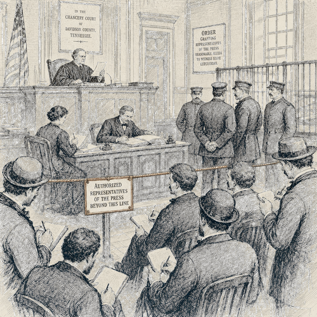 Illustration accompanying article: Tennessee judge orders more media access to state-run executions