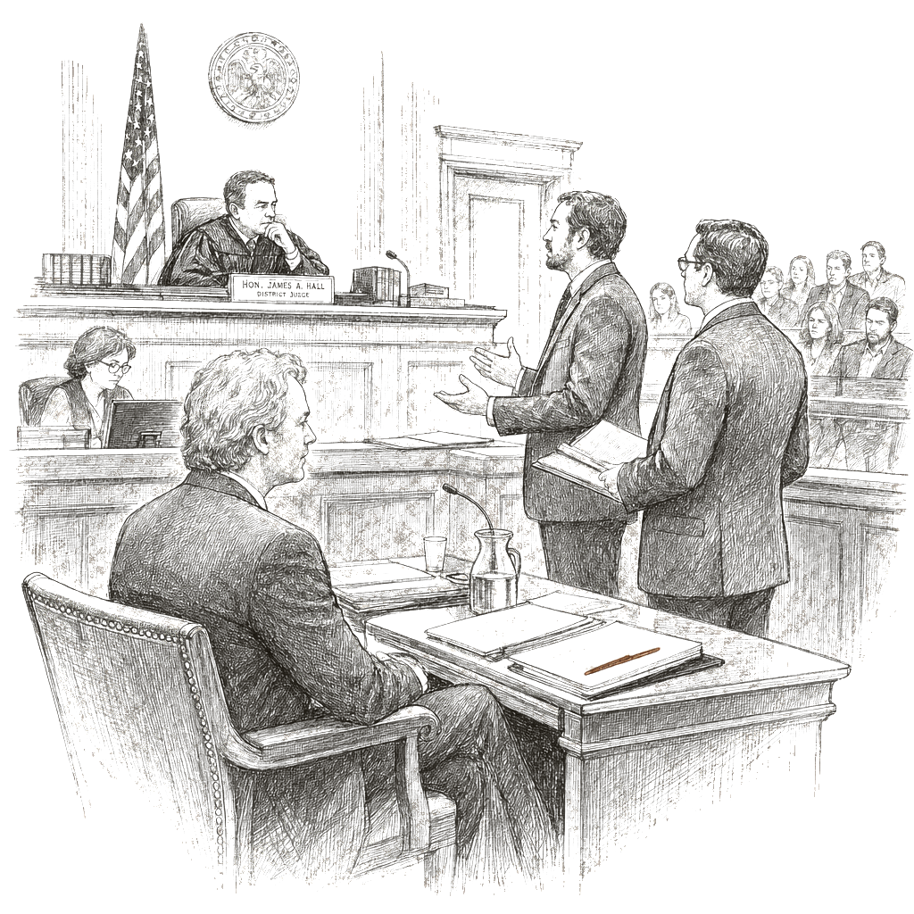 Illustration accompanying article: Busfield lawyers seek release, cite studio probe and polygraph