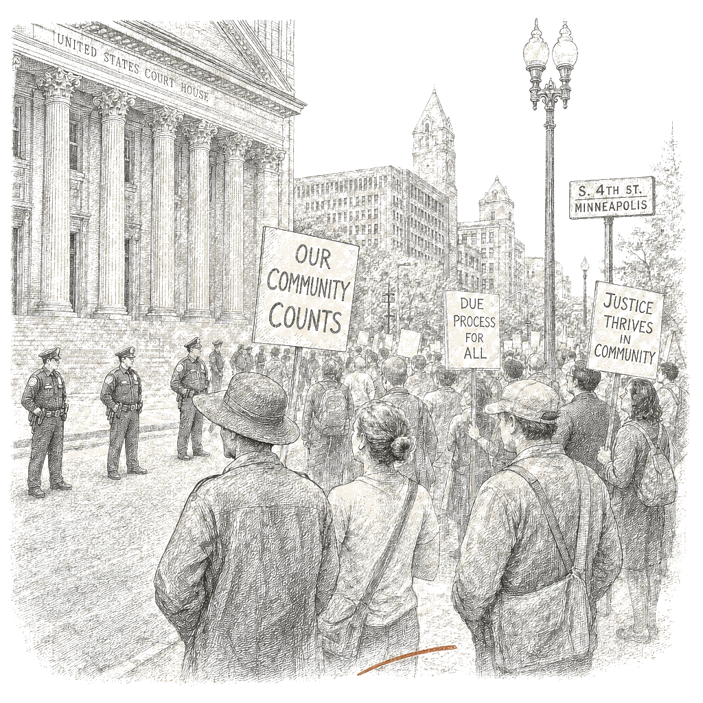 Illustration accompanying article: Federal judge bars agents from detaining, tear-gassing peaceful protesters in Minneapolis
