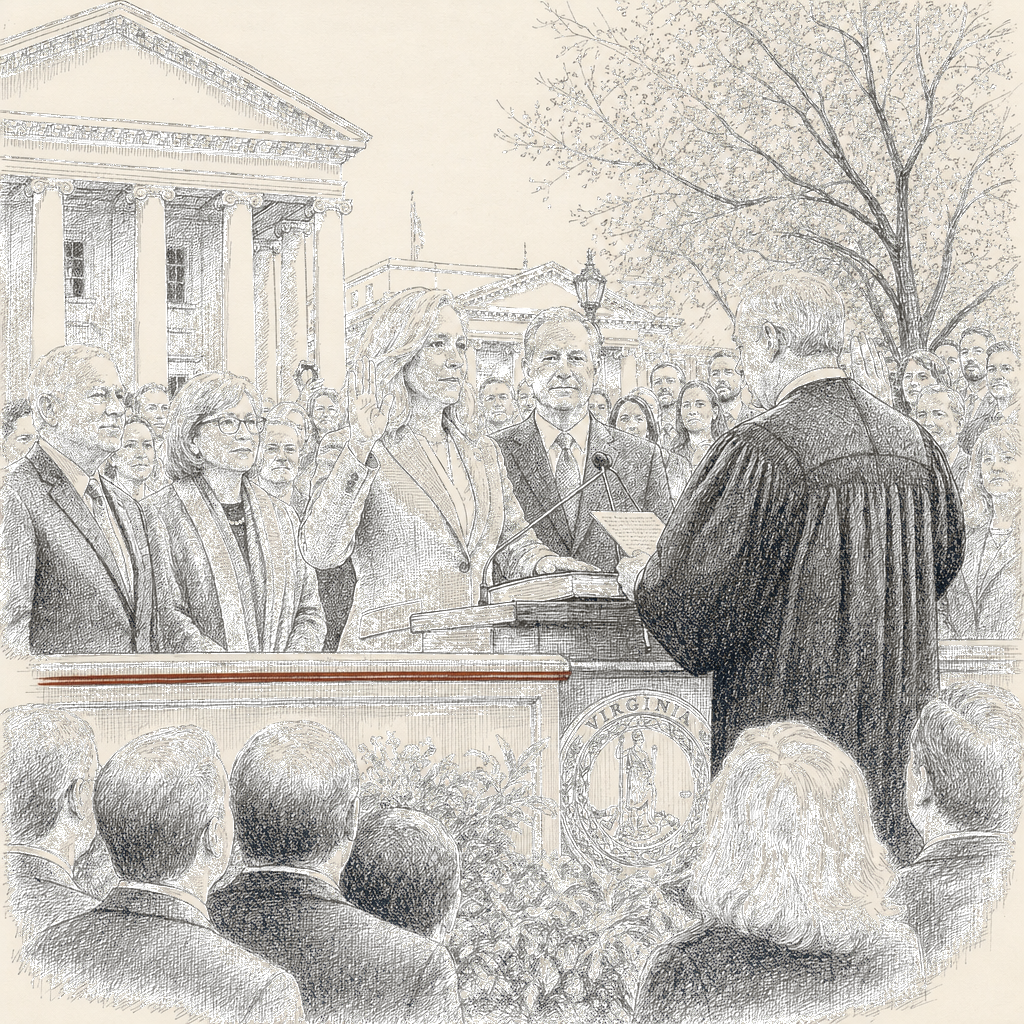 Illustration accompanying article: Spanberger sworn in as Virginia's first female governor