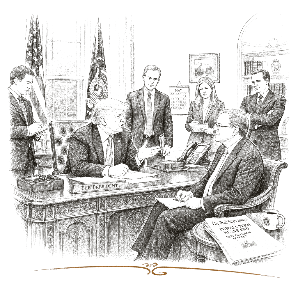 Illustration accompanying article: Trump suggests he wants Kevin Hassett to stay in White House as Fed chair search continues