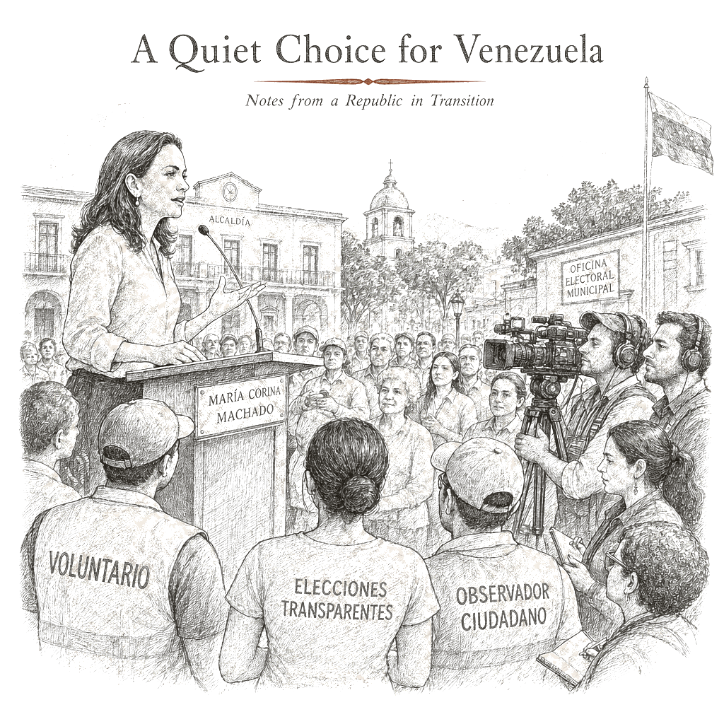 Illustration accompanying article: Venezuelan opposition leader Machado says she expects an orderly democratic transition