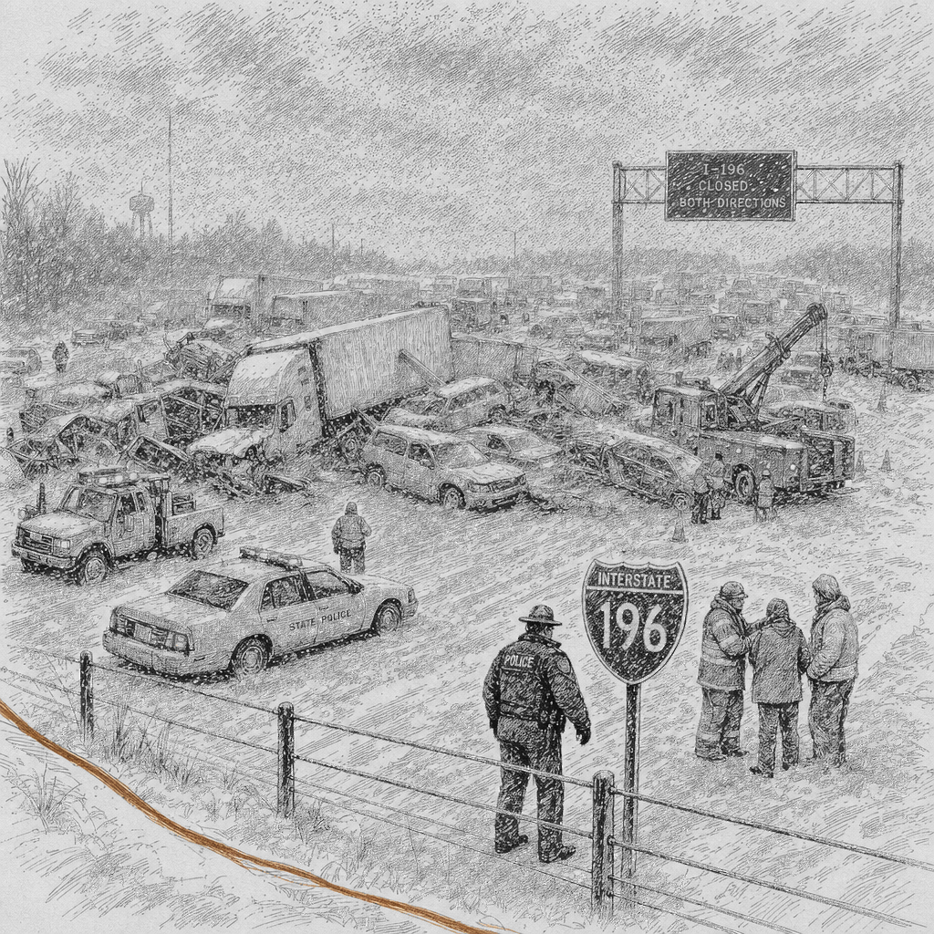 Illustration accompanying article: Michigan cleanup after 100-car pileup on I-196 as winter storm spreads