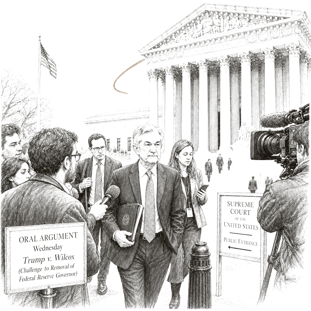Illustration accompanying article: Powell to attend Supreme Court argument on Cook firing case