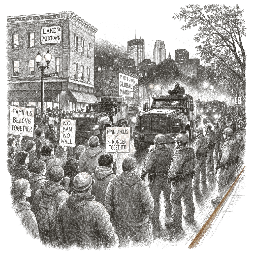 Illustration accompanying article: Tension and chaos take hold during Trump’s Minneapolis-area immigration crackdown