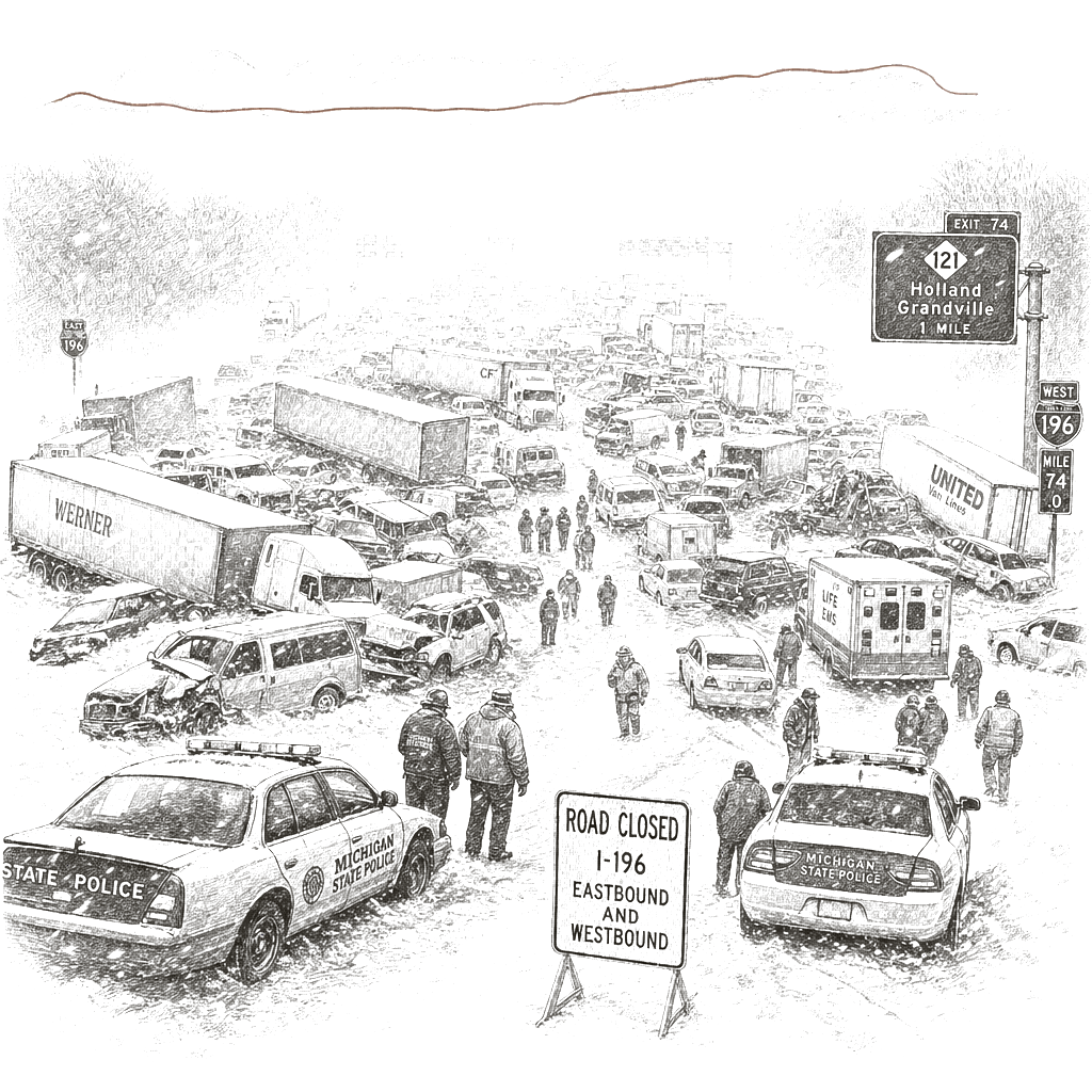 Illustration accompanying article: More than 100 vehicles pile up on Michigan interstate amid lake-effect snowstorm