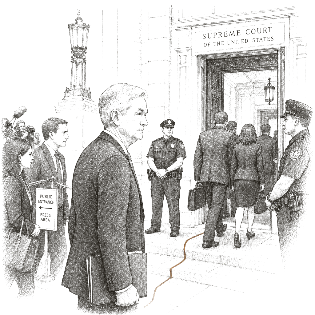 Illustration accompanying article: Powell to attend Supreme Court argument in Fed governor Cook firing case
