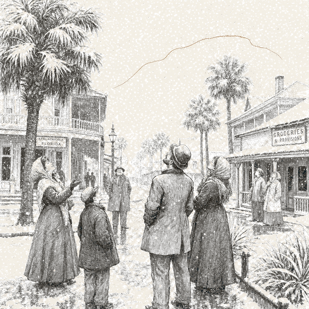 Illustration accompanying article: Snow blankets Florida Panhandle as cold front brings flakes