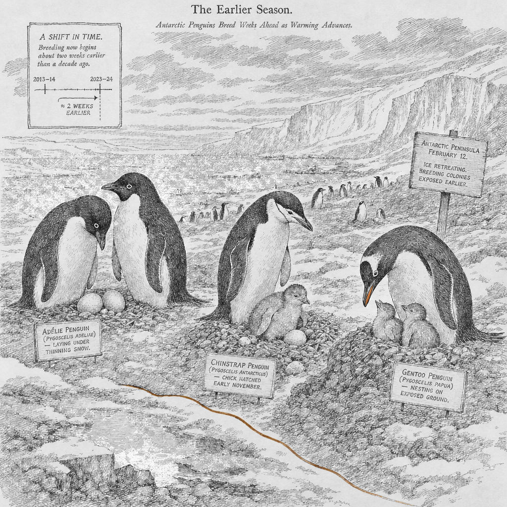 Illustration accompanying article: Antarctic penguins breeding earlier as climate warms, threatening extinction