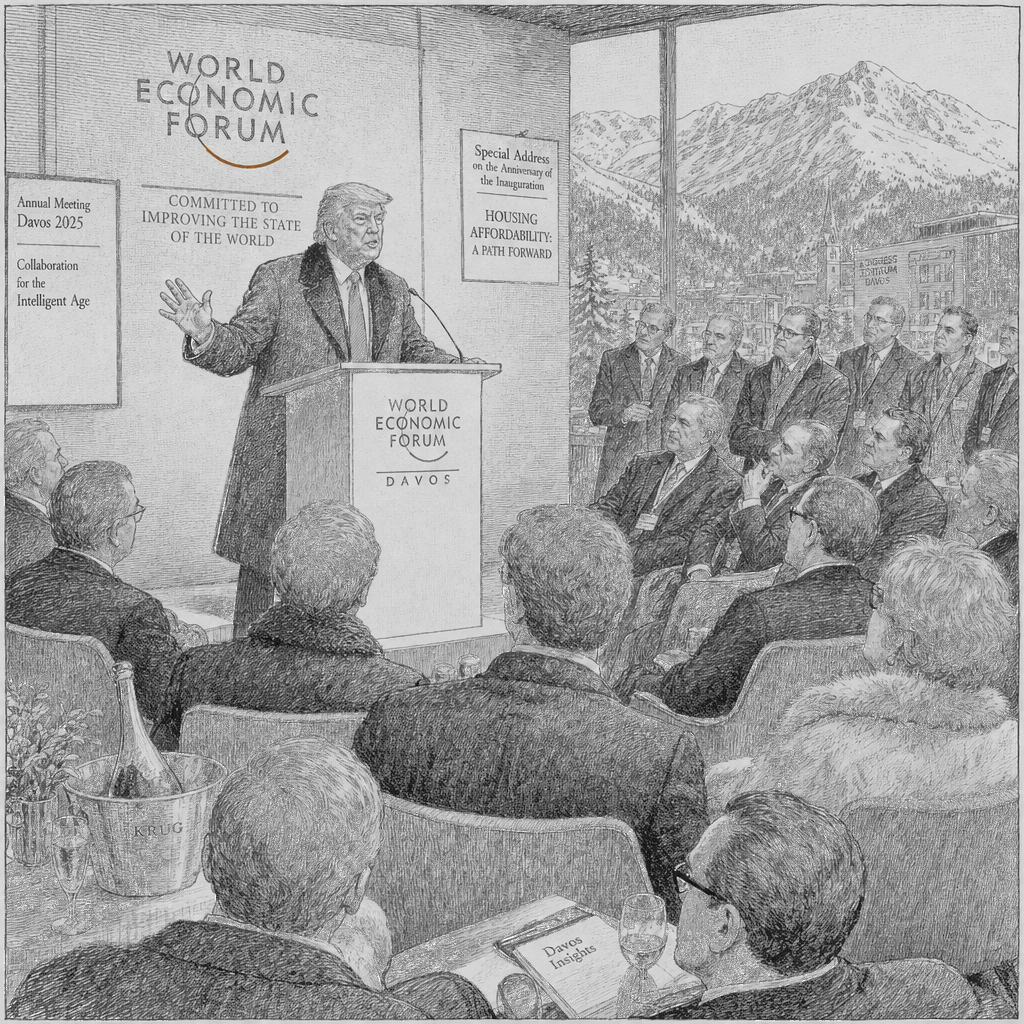 Illustration accompanying article: Trump pitches affordability to billionaires at Davos