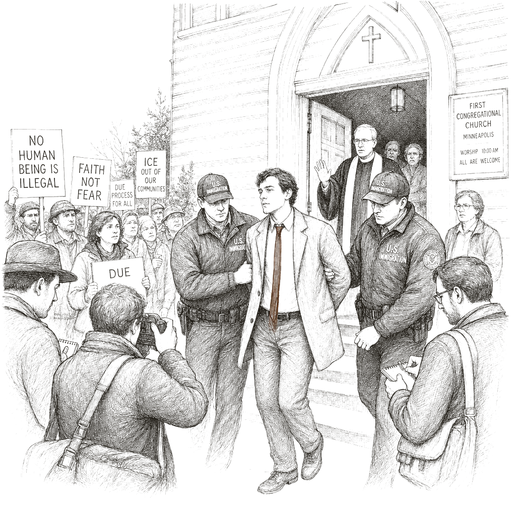 Illustration accompanying article: Pam Bondi says Nekima Levy Armstrong was arrested after church protest