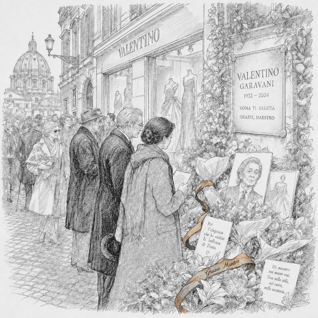 Illustration accompanying article: Rome bids farewell to fashion icon Valentino Garavani