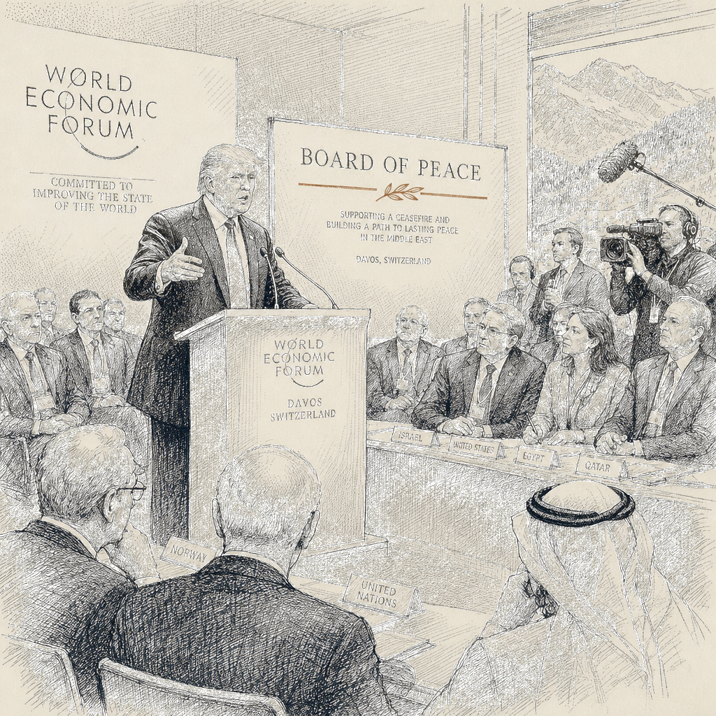 Illustration accompanying article: Trump unveils Board of Peace in Davos after Greenland furor