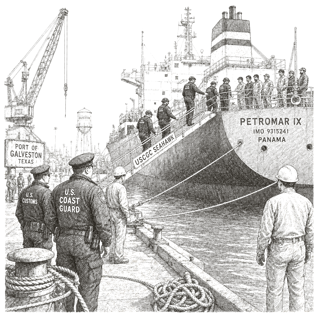 Illustration accompanying article: U.S. seizes seventh sanctioned oil tanker linked to Venezuela