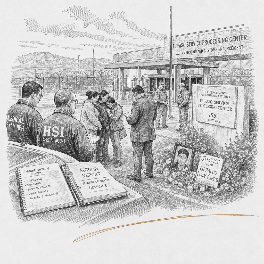 Illustration accompanying article: Autopsy rules immigrant's death in ICE custody a homicide