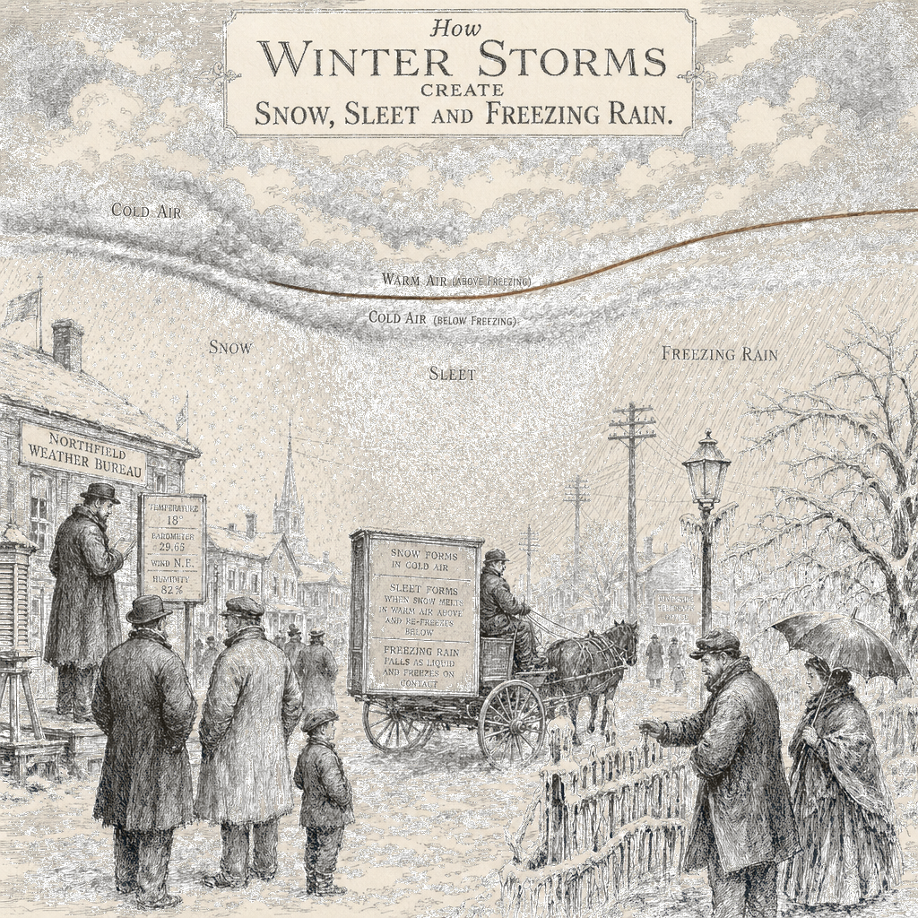 Illustration accompanying article: How winter storms create snow, sleet and freezing rain