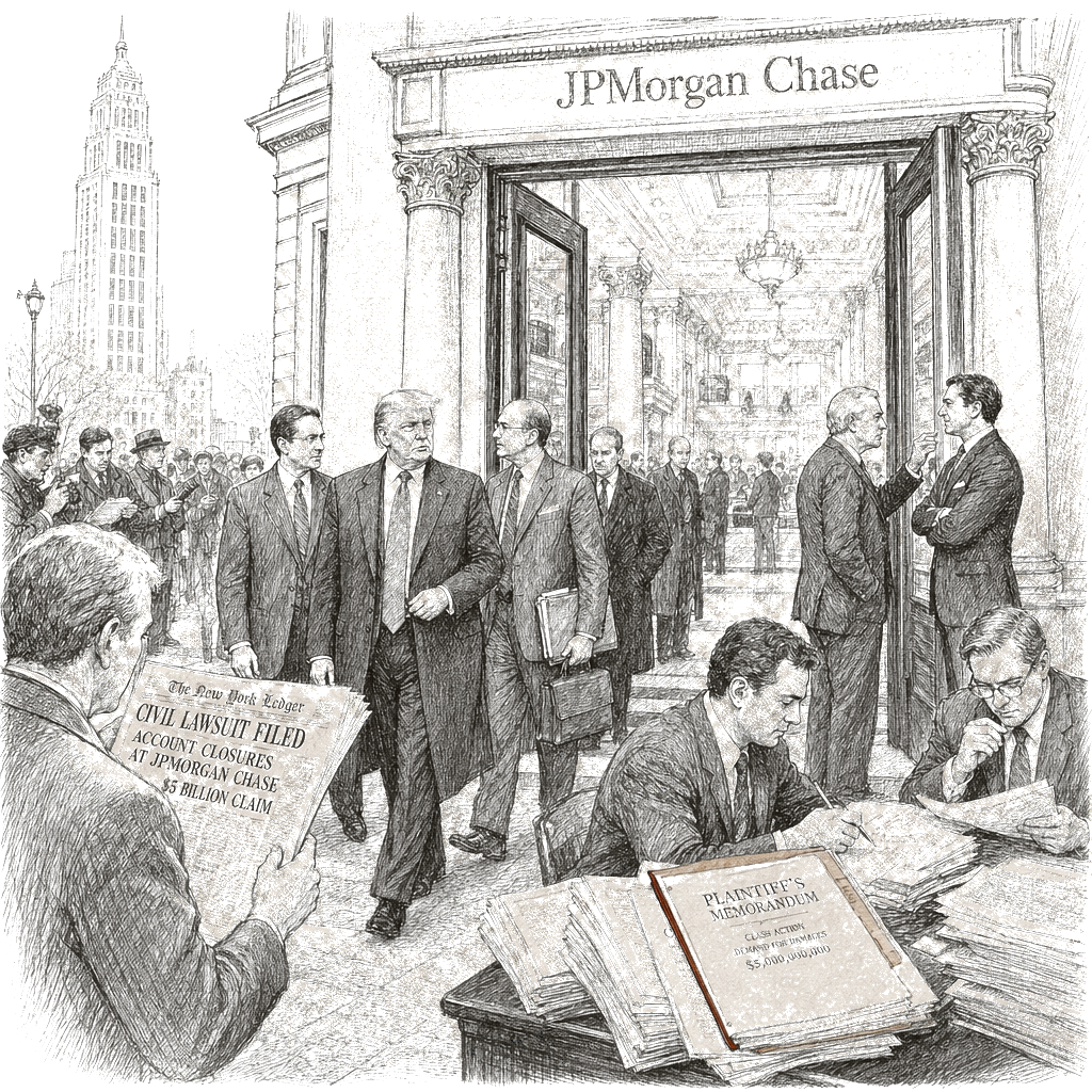 Illustration accompanying article: Trump sues JPMorgan Chase for $5B over account closures
