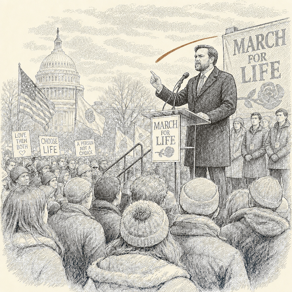 Illustration accompanying article: Vance celebrates Trump's abortion record at March for Life rally