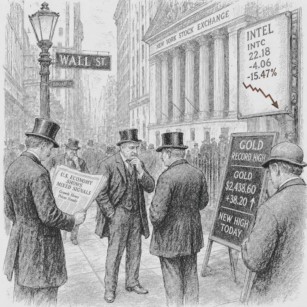 Illustration accompanying article: Wall Street ends flat as Intel plunges, gold climbs to record