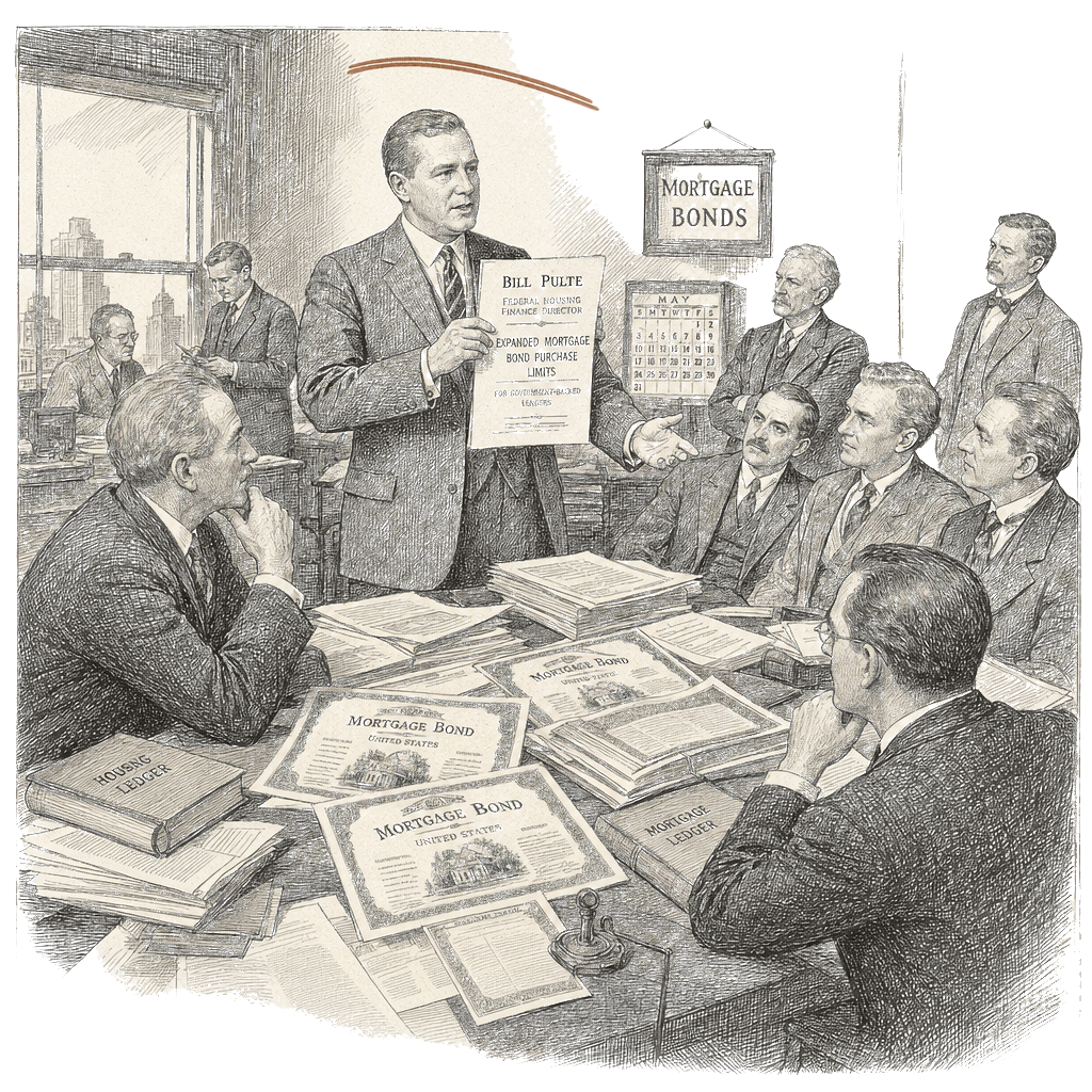 Illustration accompanying article: Pulte increases mortgage bond purchase limits for lenders