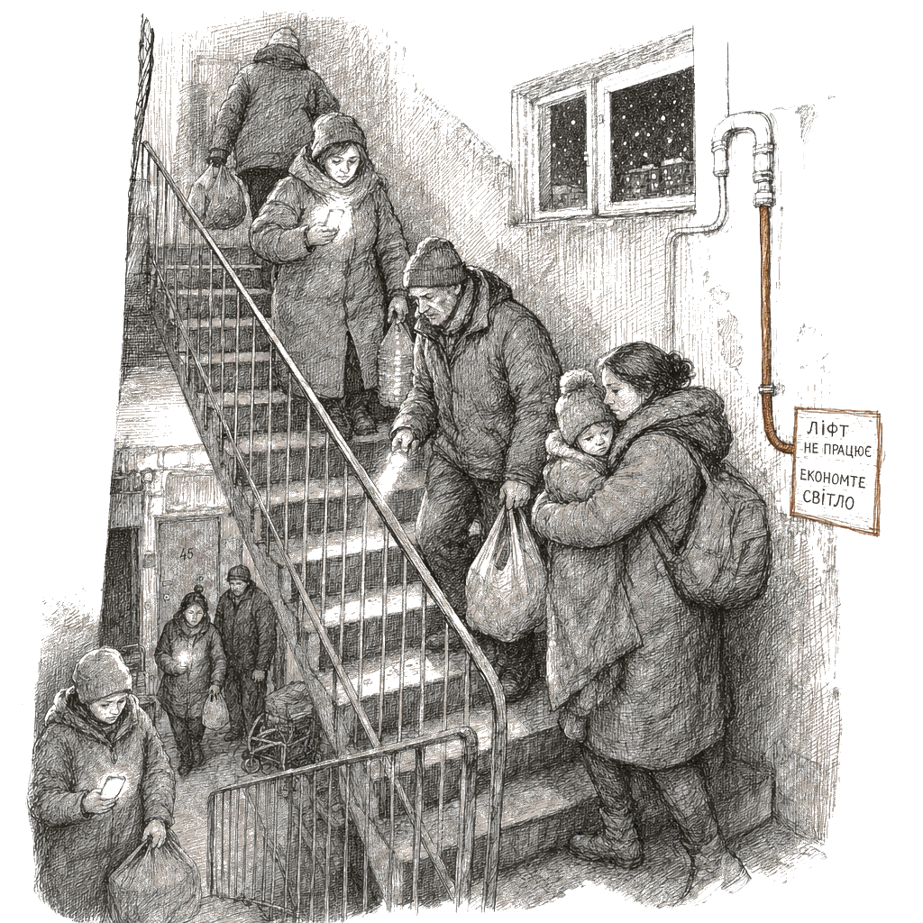 Illustration accompanying article: Kyiv residents climb dark stairwells as war-driven blackouts reshape daily life