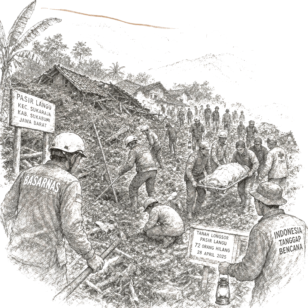 Illustration accompanying article: Rescuers search for 72 missing after West Java landslide in Indonesia